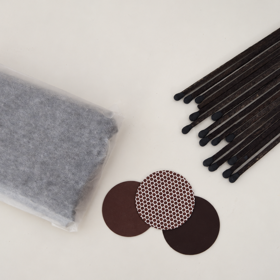 7.5 cm all black coloured tipped safety matches in recyclable wax paper with a choice of striker in brown, honeycomb or black.