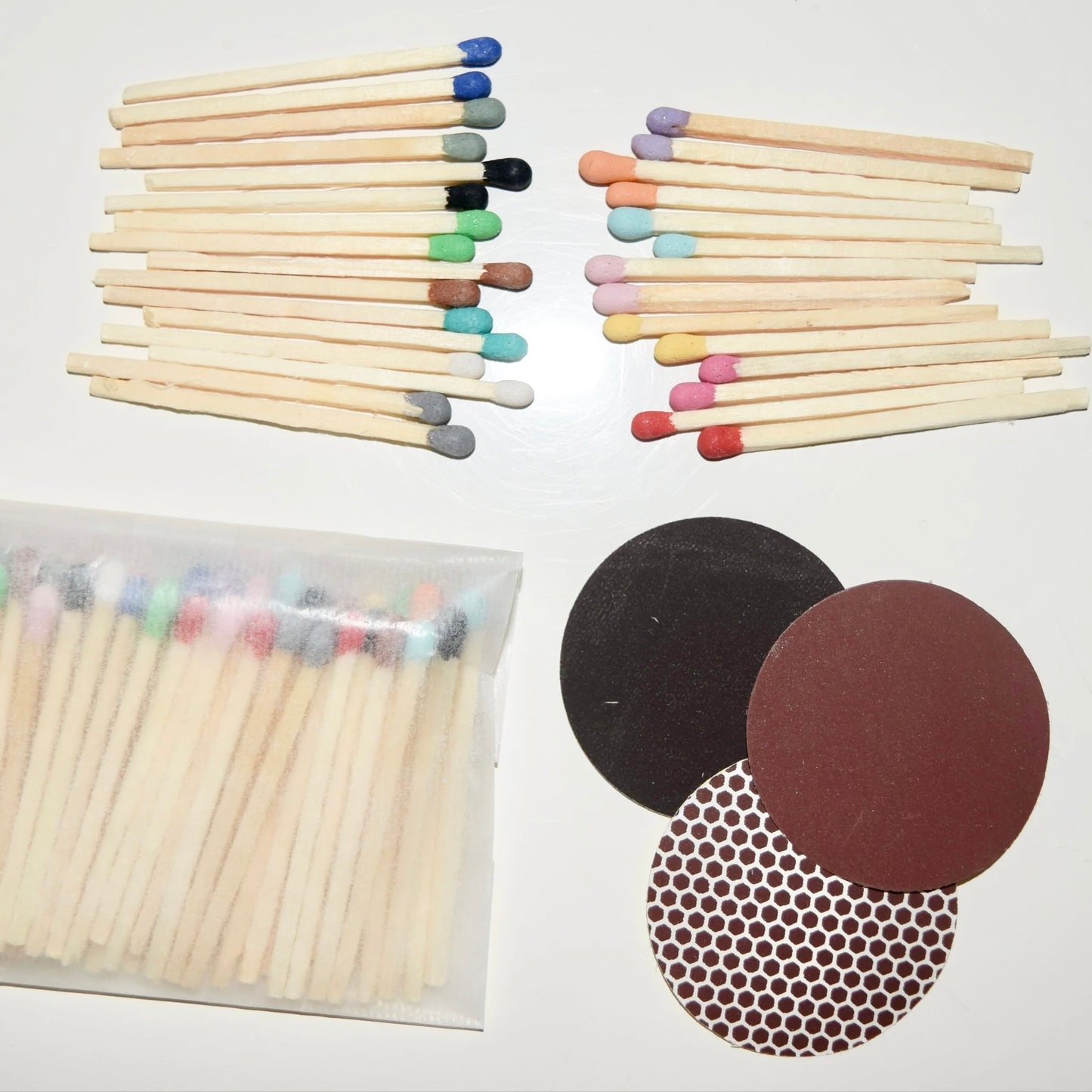 4.8 cm coloured tipped safety matches in recyclable wax paper with a choice of striker in brown, honeycomb or black.