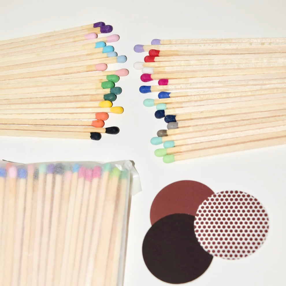 9.8 cm coloured tipped long safety matches in recyclable wax paper with a choice of striker in brown, honeycomb or black.