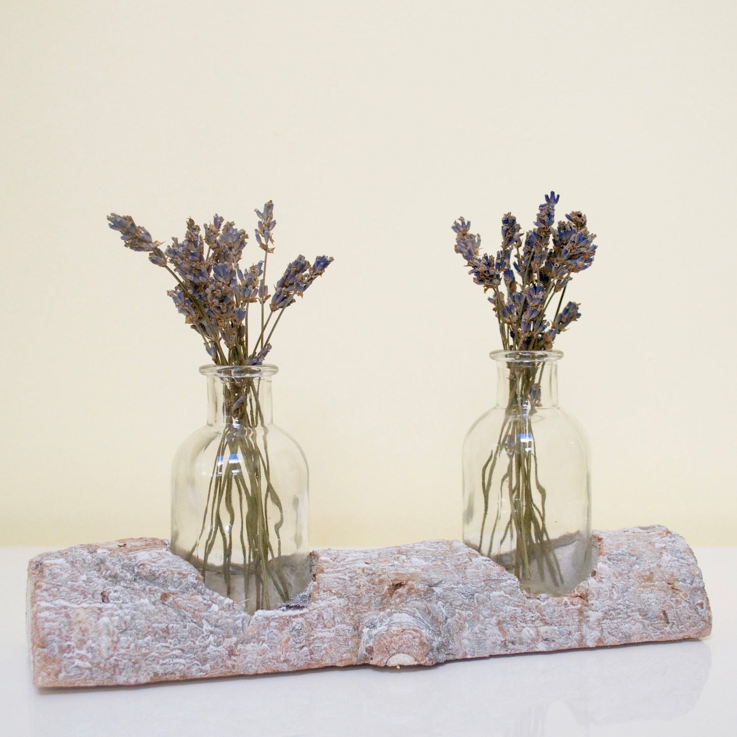 Tree Trunk Vase filled with lavender.