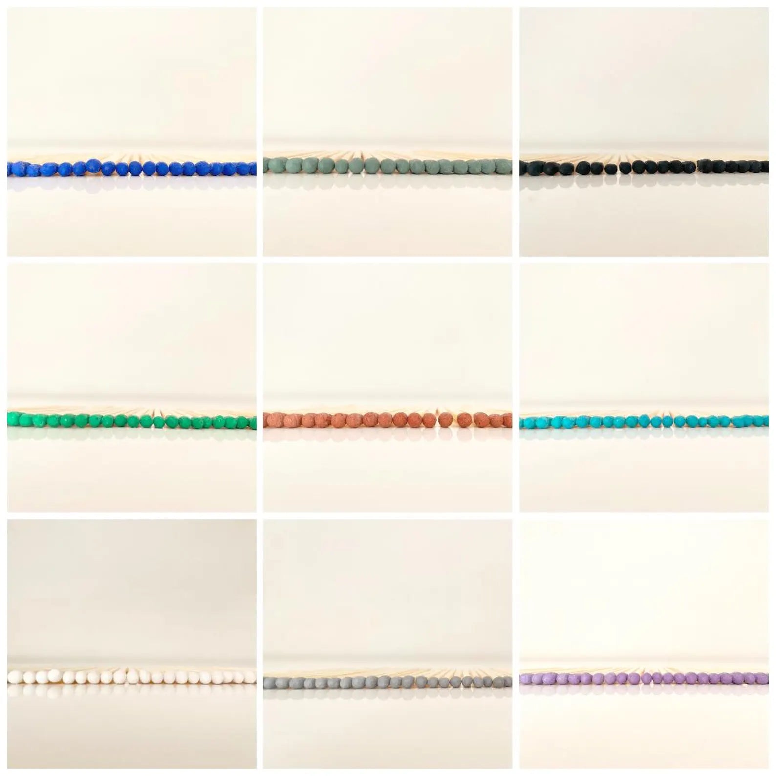 7.5 cm colour tipped matches in electric blue, forest green, black, green, brown, blue, white, grey and purple. 