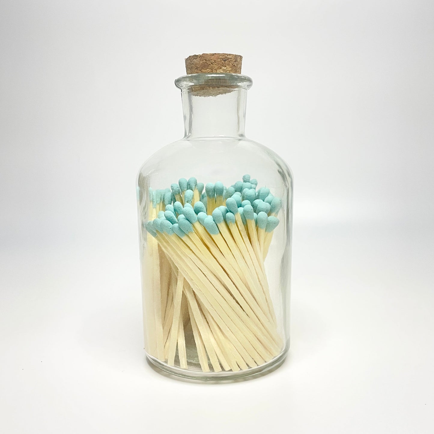 Apothecary match bottle filled with 7.5 cm aqua matches. 