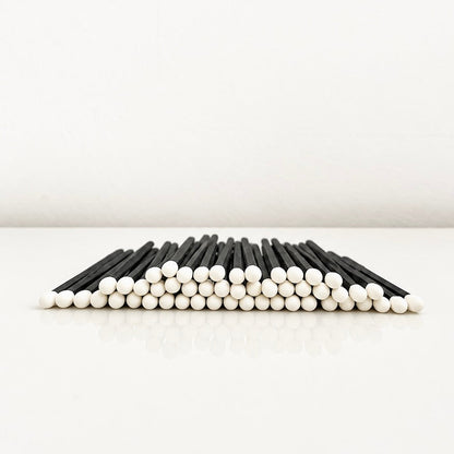 7.5 cm black and white safety matches on a white surface.