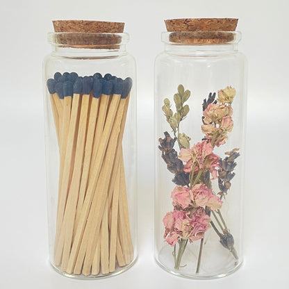 Dried flower test tube gift set with glass match bottle containing 50 safety matches.