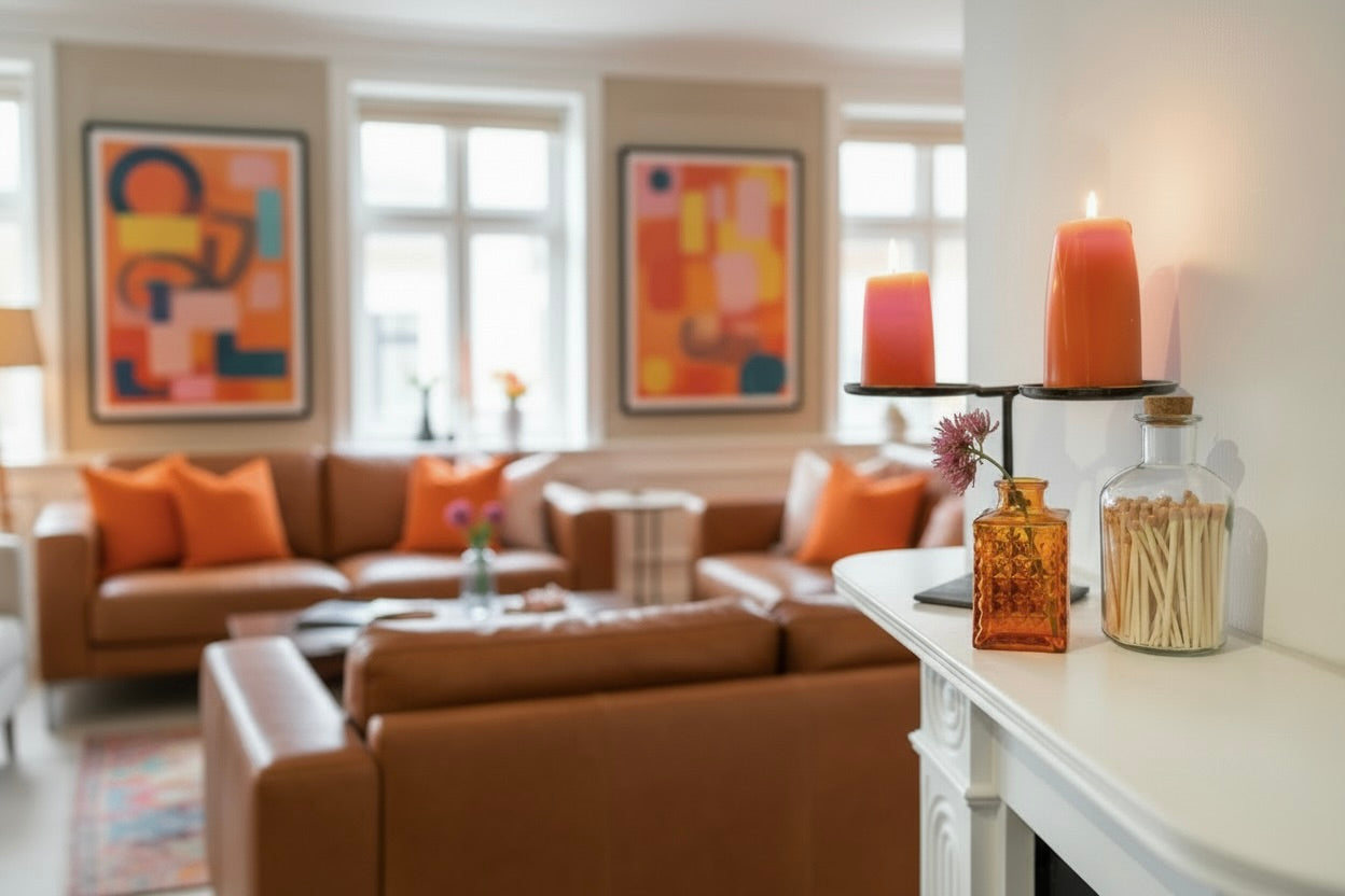 Orange apothecary match bottle and vase displayed in a living living room setting 