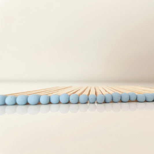 9.8 cm baby blue matches on white surface.