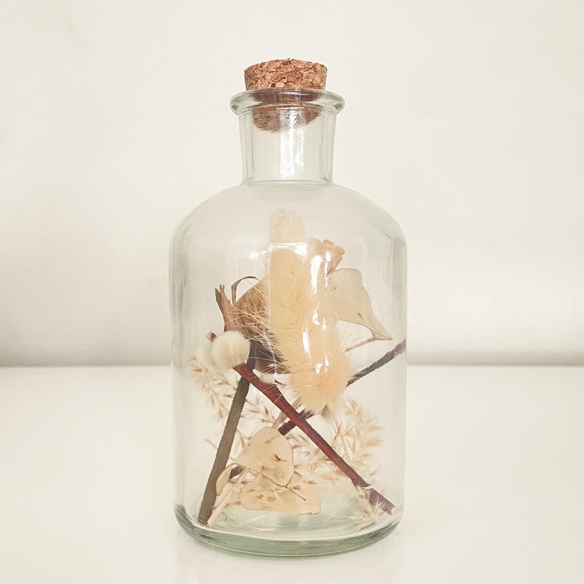 Glass bottle filled with white dried flowers on a white background.