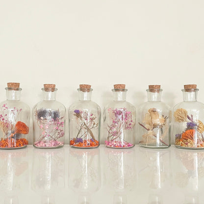 Glass bottles with cork lid filled with dried flowers on a light background.