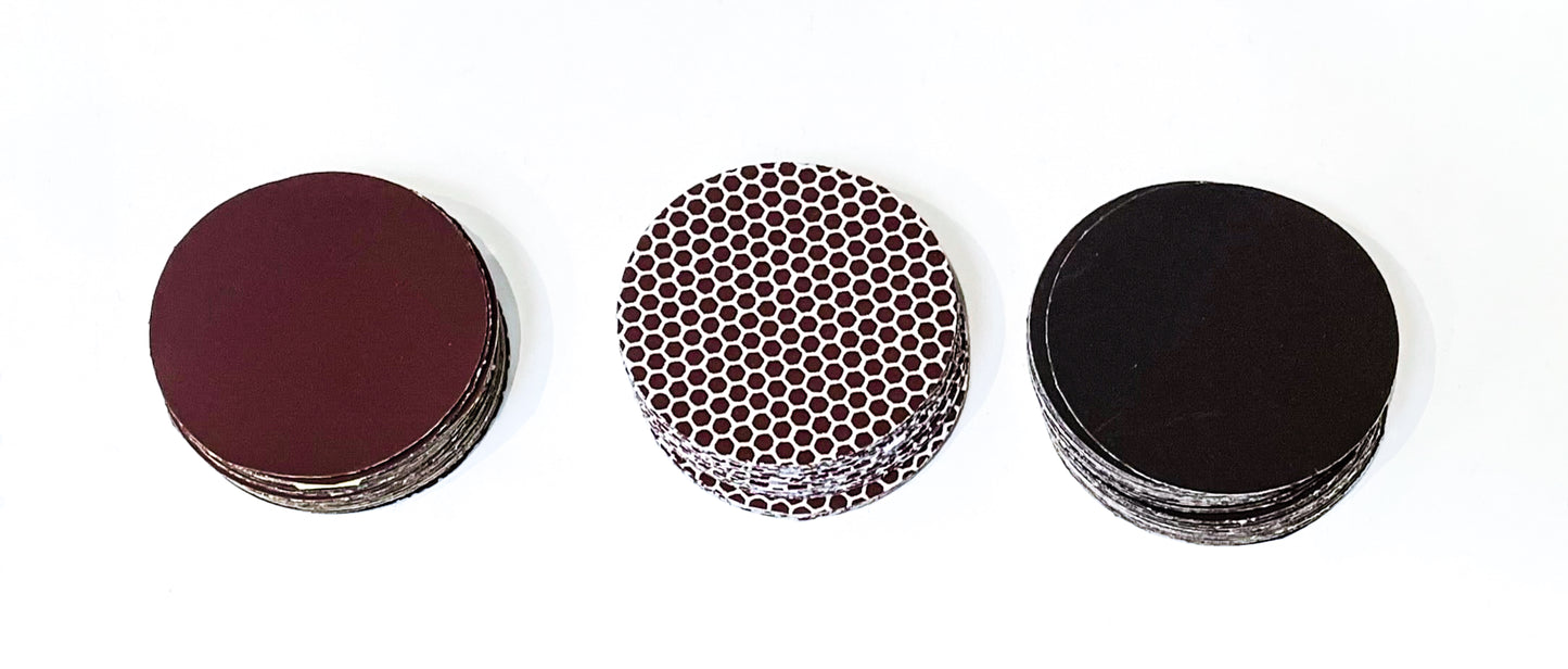 Set of 1.5 inch - 3.8 cm self adhesive brown honeycomb or black strikers for safety matches. Available in sets of 12, 24 or 50.