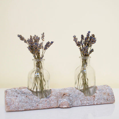 Tree Trunk Vase filled with lavender.